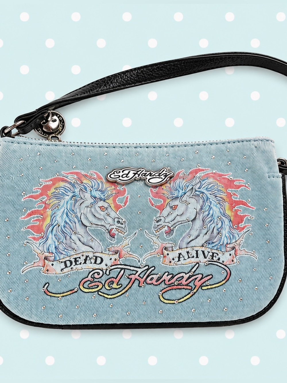 Ed Hardy Light Blue Denim Wristlet with Twin Horse Graphic